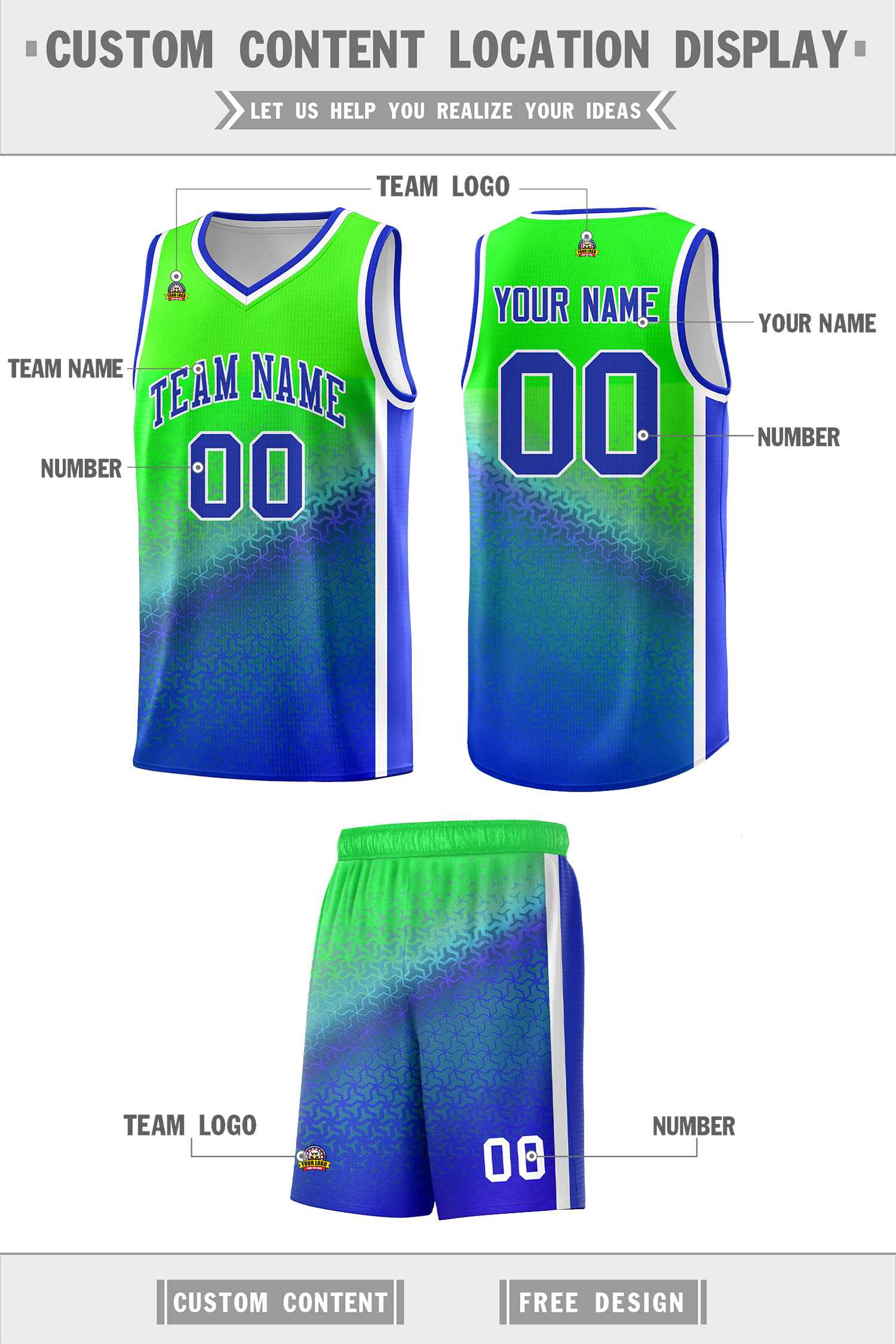 Custom Fluorescent Green Royal Gradient Design Irregular Shapes Pattern Sports Uniform Basketball Jersey