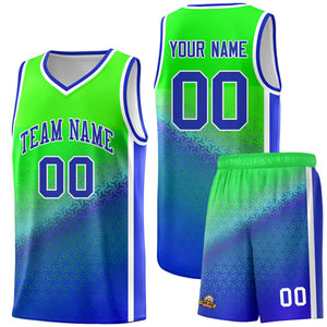 Custom Fluorescent Green Royal Gradient Design Irregular Shapes Pattern Sports Uniform Basketball Jersey