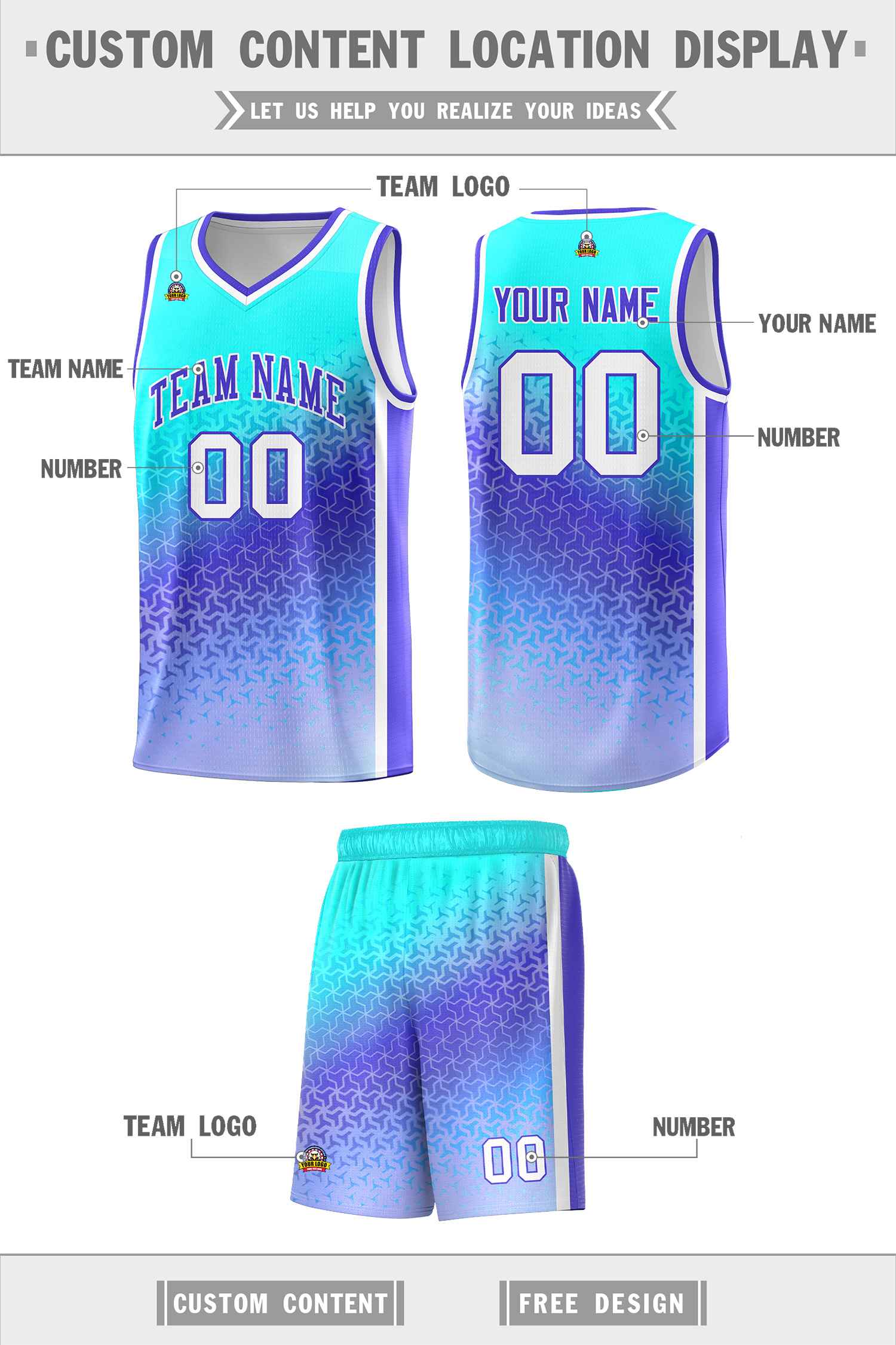 Custom Sky Blue Light Purple Gradient Design Irregular Shapes Pattern Sports Uniform Basketball Jersey