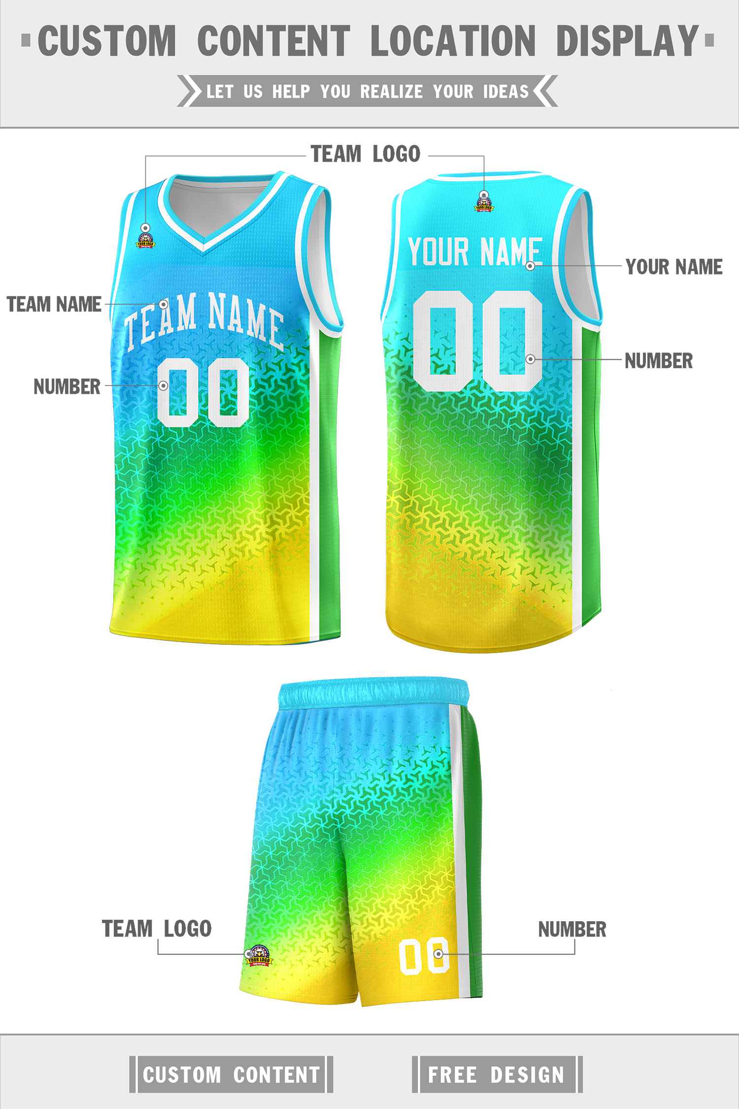 Custom Sky Blue Light Purple-Gold Gradient Design Irregular Shapes Pattern Sports Uniform Basketball Jersey