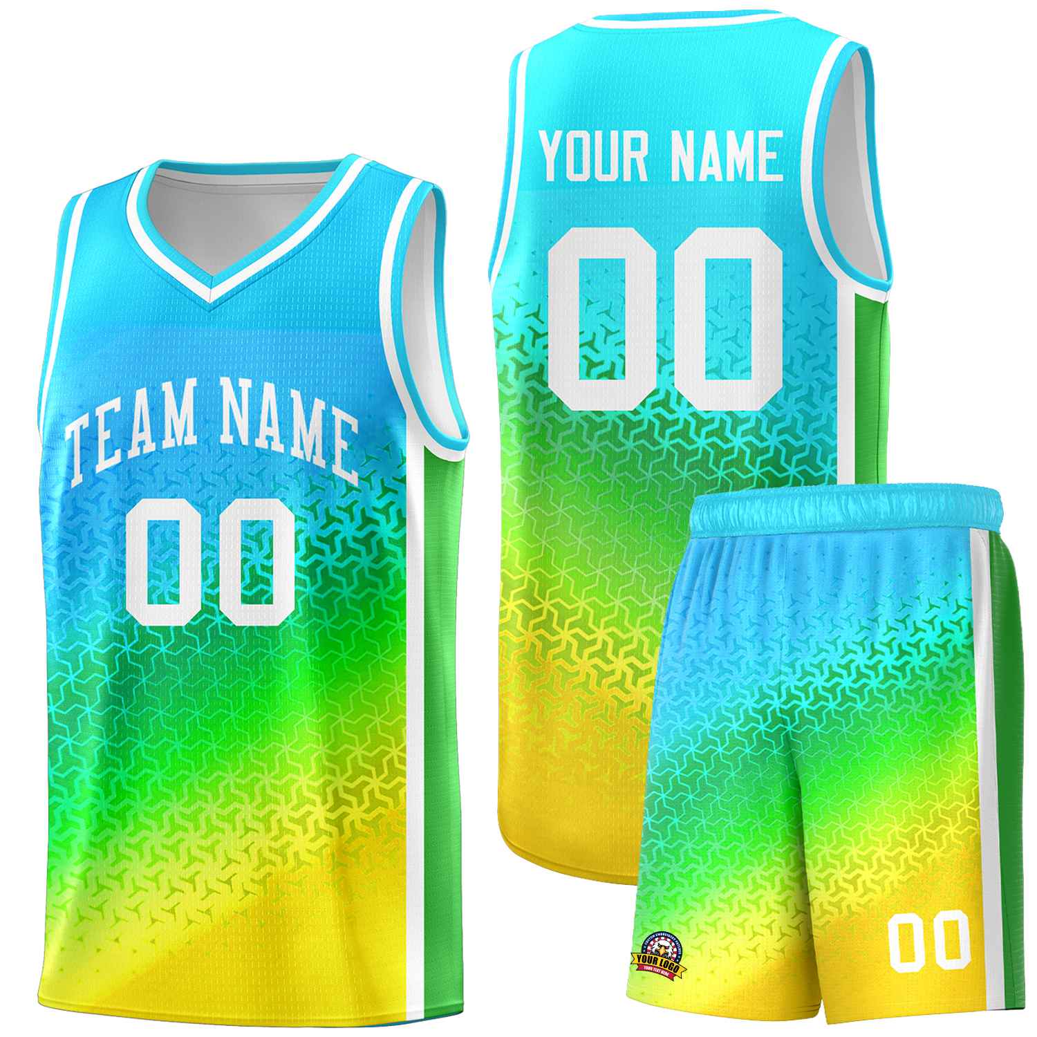 Custom Sky Blue Light Purple-Gold Gradient Design Irregular Shapes Pattern Sports Uniform Basketball Jersey