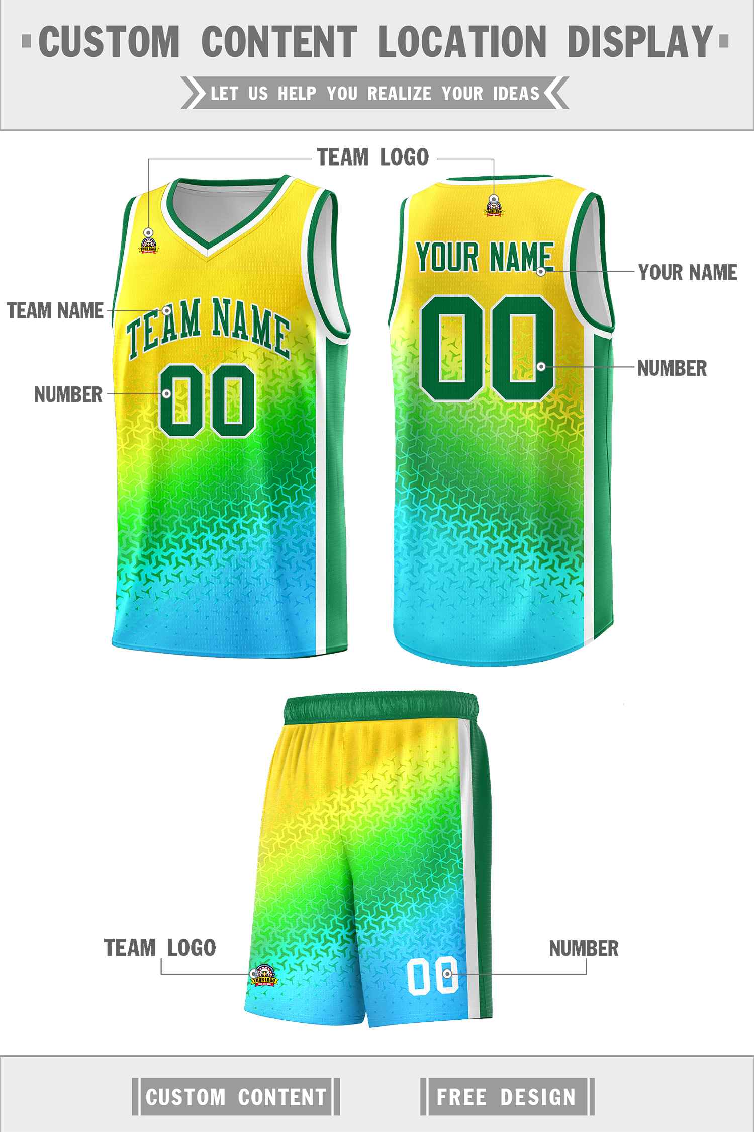 Custom Gold Light Green-Sky Blue Gradient Design Irregular Shapes Pattern Sports Uniform Basketball Jersey