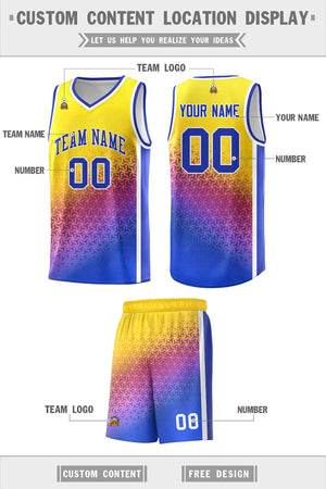 Custom Gold Purple-Royal Gradient Design Irregular Shapes Pattern Sports Uniform Basketball Jersey