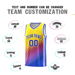 Custom Gold Purple-Royal Gradient Design Irregular Shapes Pattern Sports Uniform Basketball Jersey