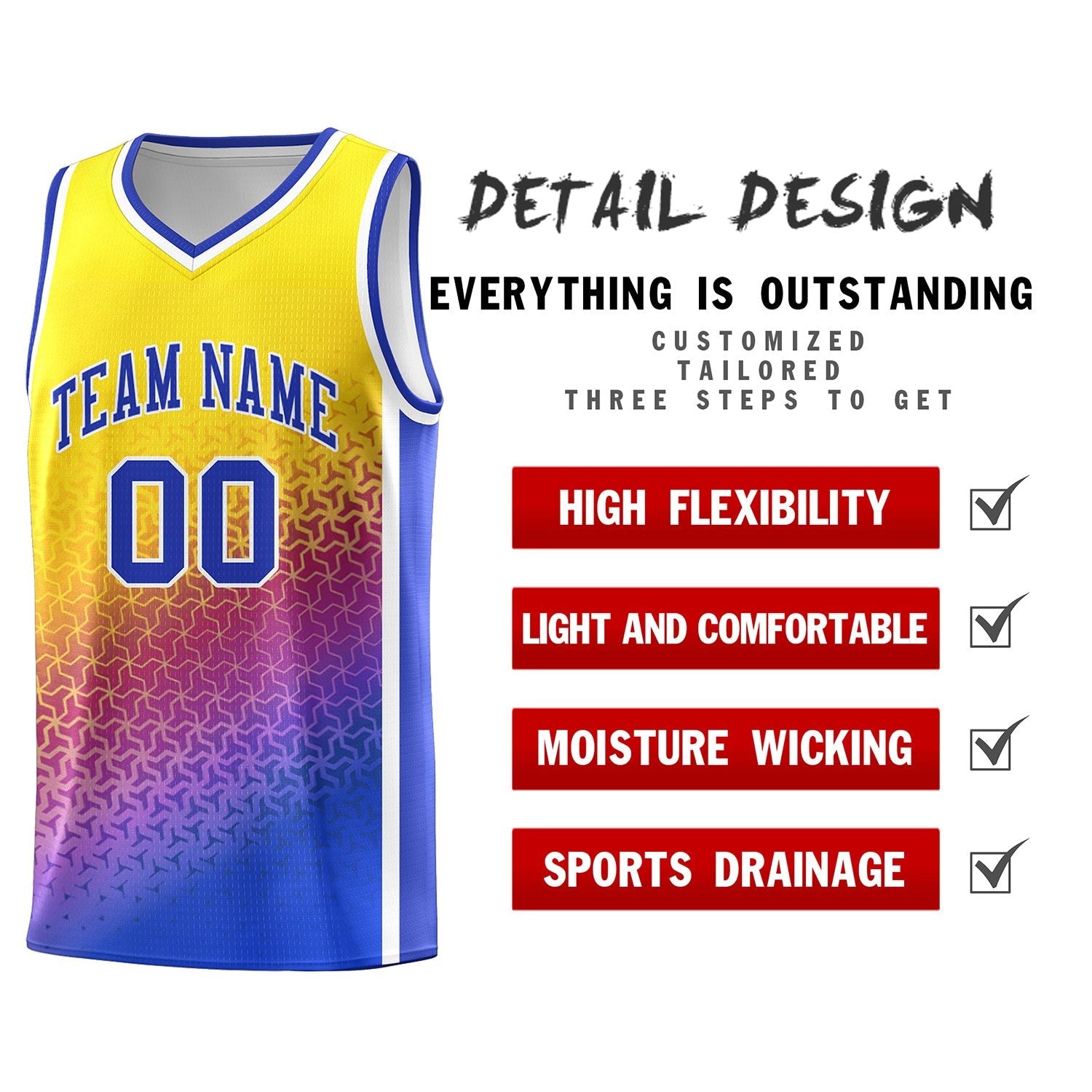 Custom Gold Purple-Royal Gradient Design Irregular Shapes Pattern Sports Uniform Basketball Jersey