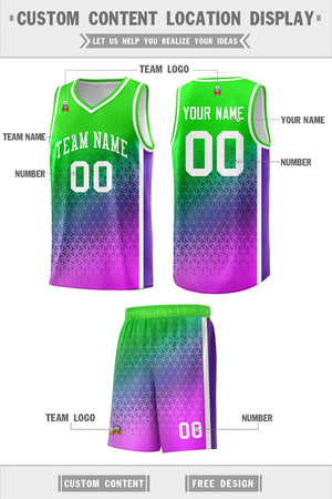 Custom Neon Green Purple-Pink Gradient Design Irregular Shapes Pattern Sports Uniform Basketball Jersey