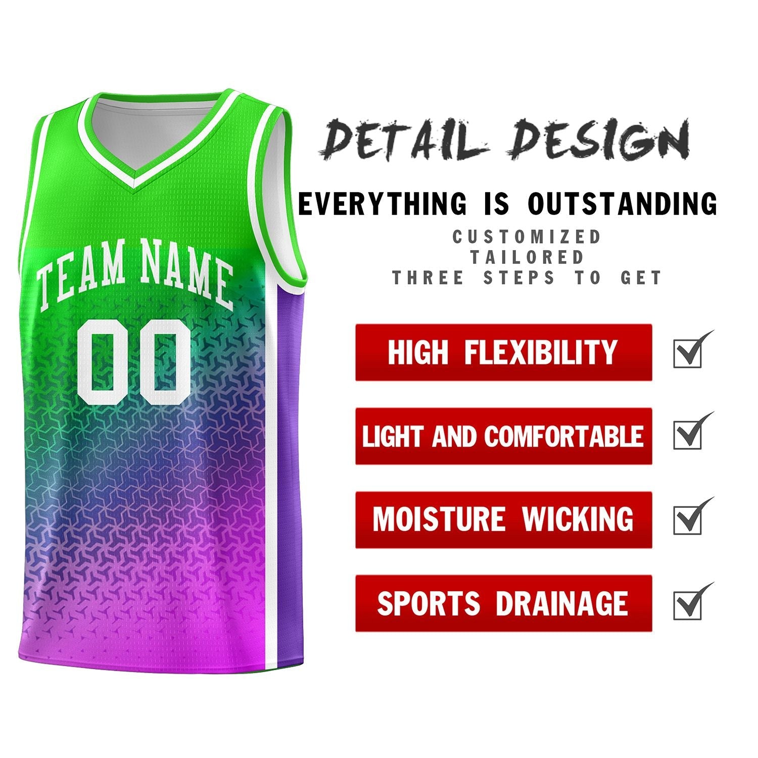 Custom Neon Green Purple-Pink Gradient Design Irregular Shapes Pattern Sports Uniform Basketball Jersey