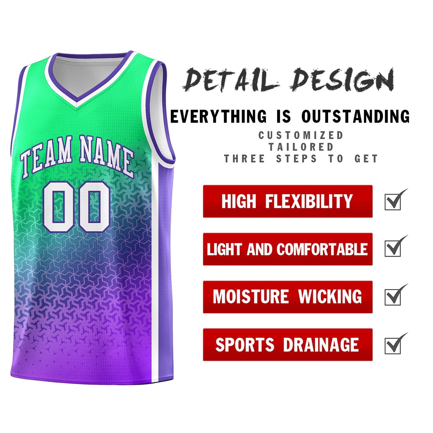 Custom Fluorescent Green Purple Gradient Design Irregular Shapes Pattern Sports Uniform Basketball Jersey