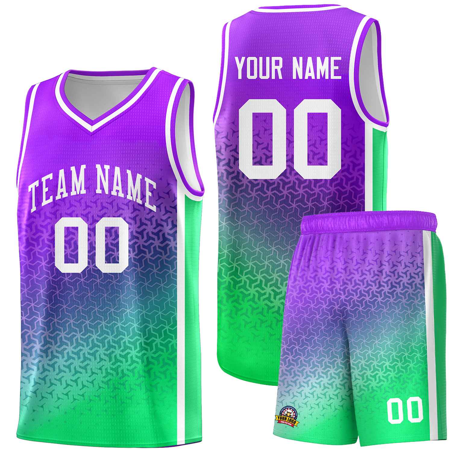 Custom Purple Fluorescent Green Gradient Design Irregular Shapes Pattern Sports Uniform Basketball Jersey