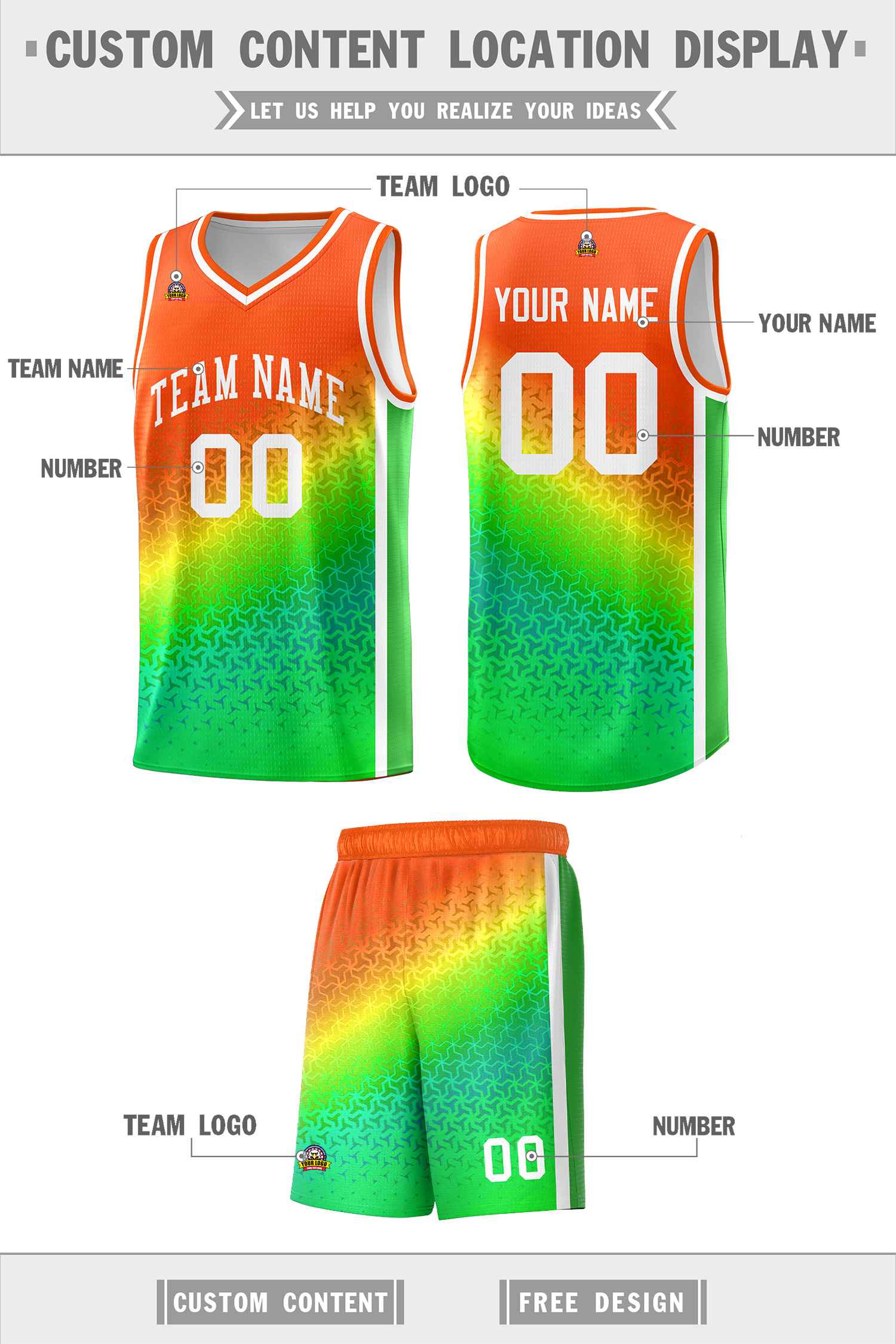 Custom Orange Light Green Gradient Design Irregular Shapes Pattern Sports Uniform Basketball Jersey