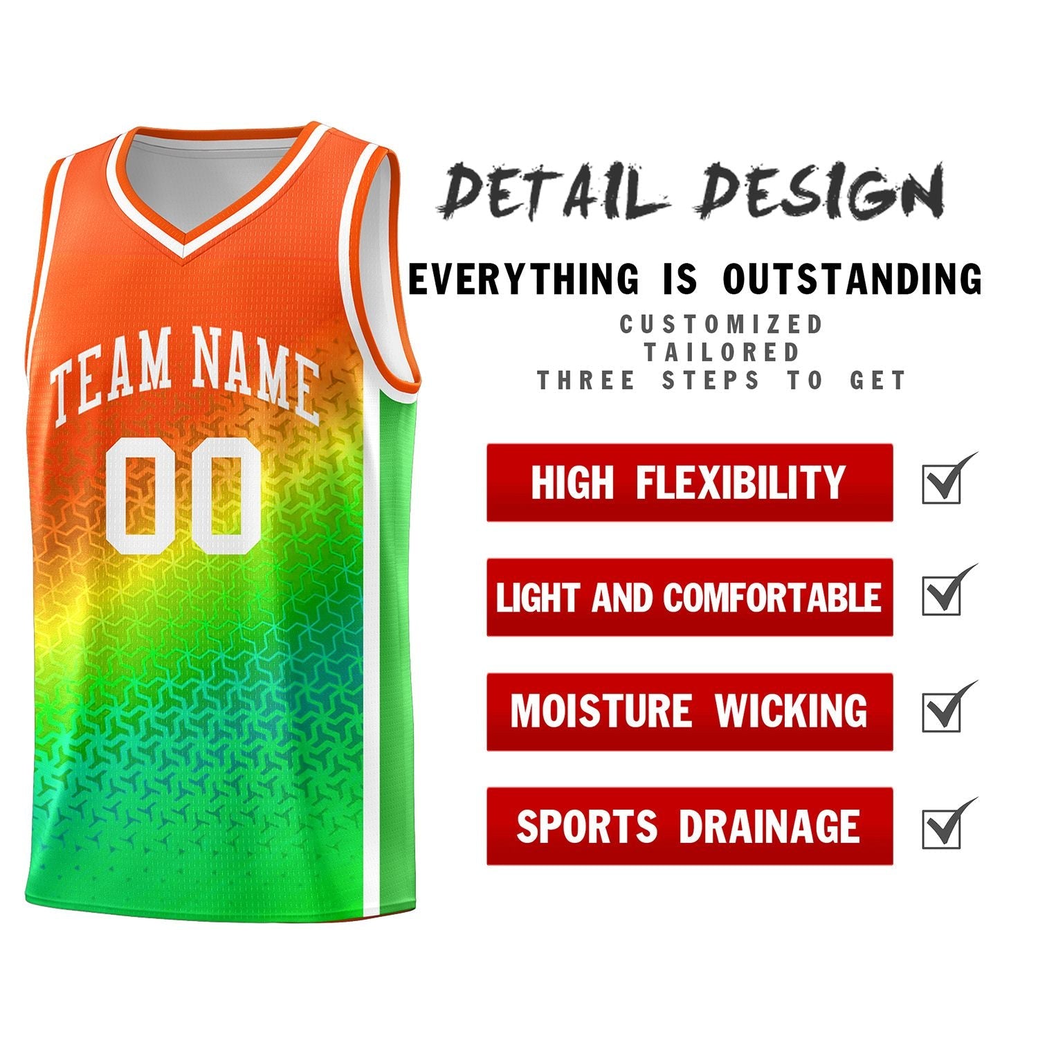 Custom Orange Light Green Gradient Design Irregular Shapes Pattern Sports Uniform Basketball Jersey