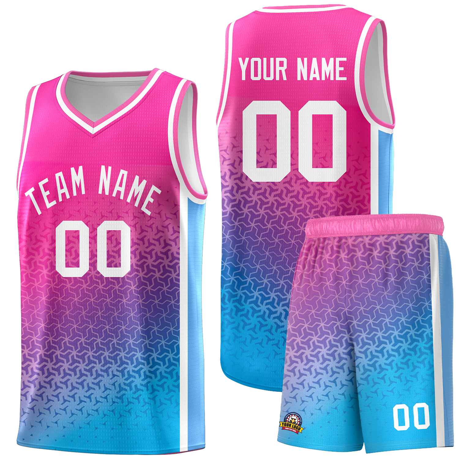 Custom Pink Powder Blue Gradient Design Irregular Shapes Pattern Sports Uniform Basketball Jersey