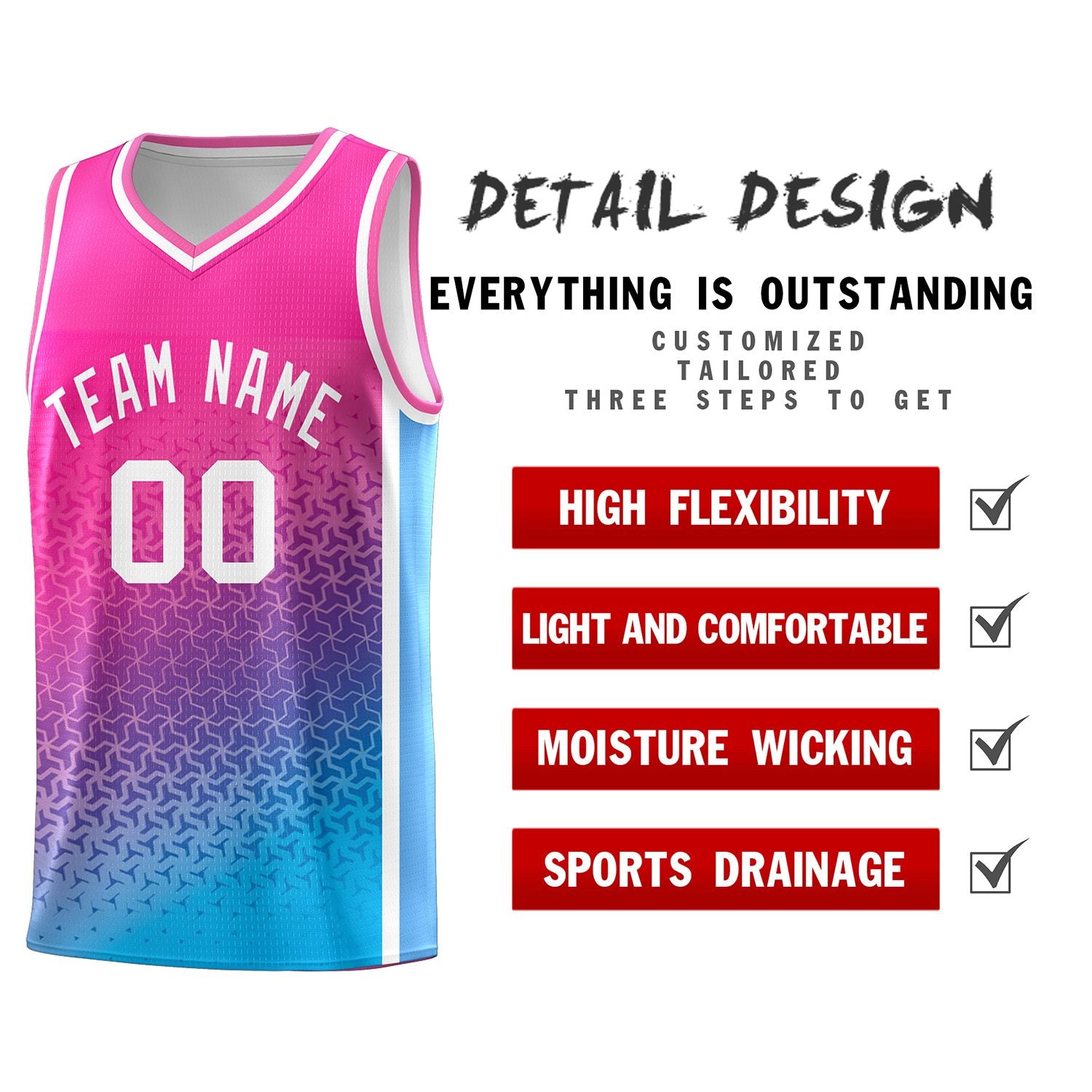 Custom Pink Powder Blue Gradient Design Irregular Shapes Pattern Sports Uniform Basketball Jersey