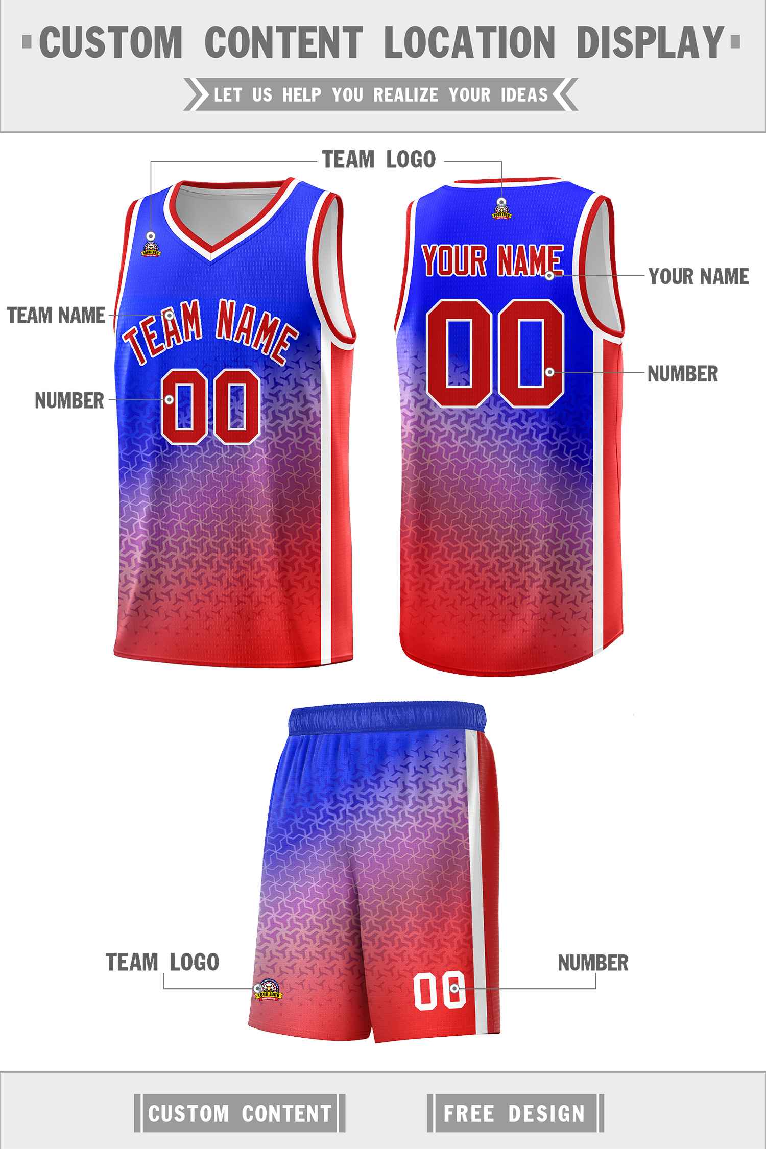 Custom Royal Red Gradient Design Irregular Shapes Pattern Sports Uniform Basketball Jersey