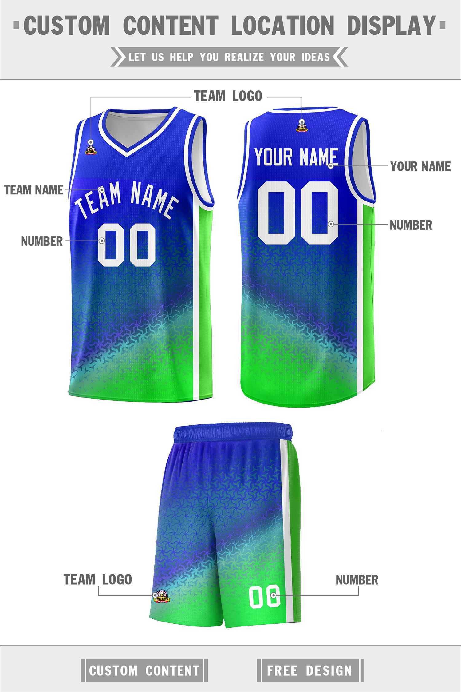 Custom Royal Fluorescent Green Gradient Design Irregular Shapes Pattern Sports Uniform Basketball Jersey