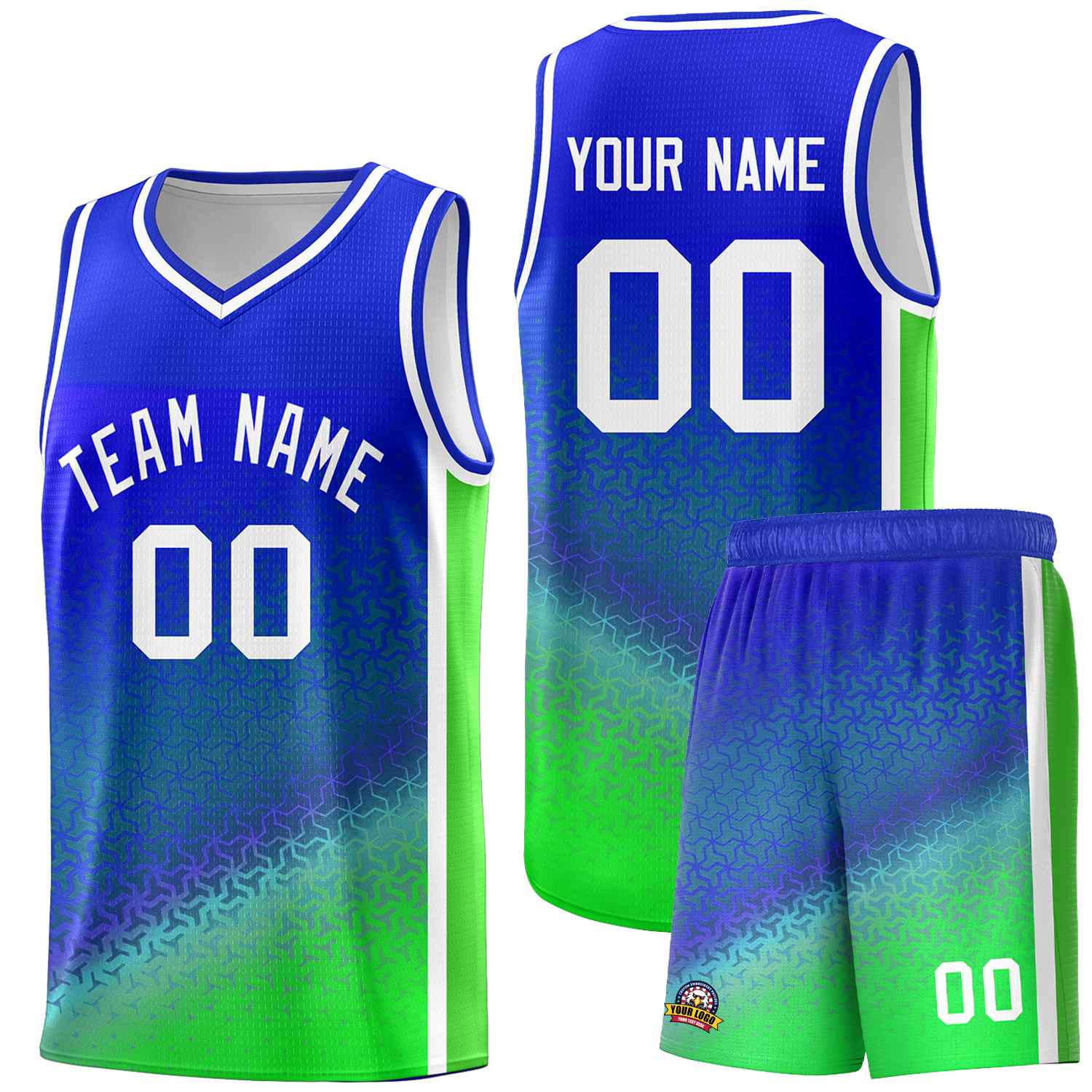 Custom Royal Fluorescent Green Gradient Design Irregular Shapes Pattern Sports Uniform Basketball Jersey