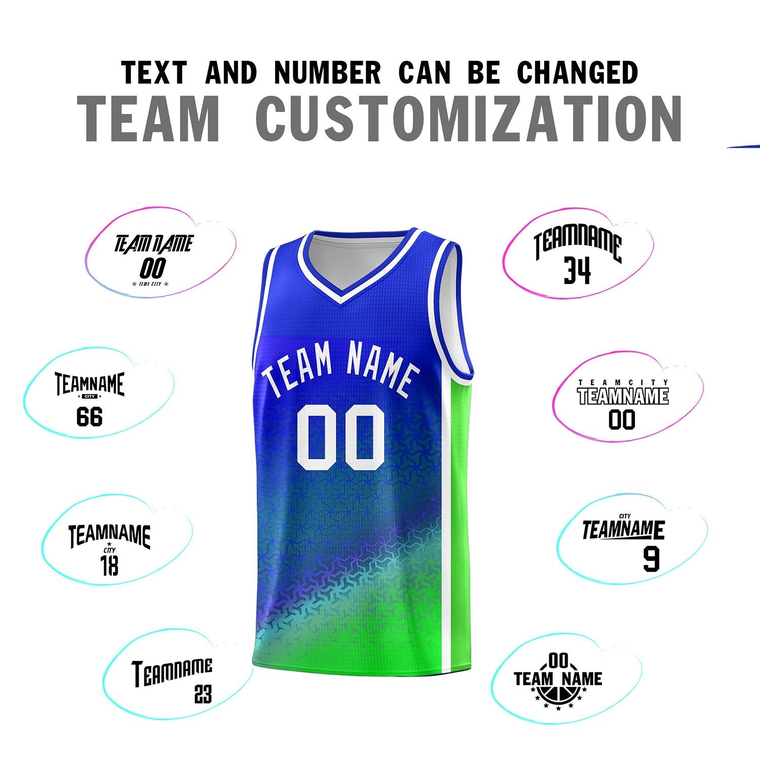 Custom Royal Fluorescent Green Gradient Design Irregular Shapes Pattern Sports Uniform Basketball Jersey