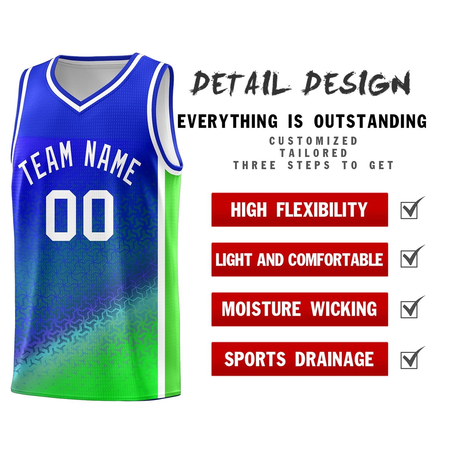 Custom Royal Fluorescent Green Gradient Design Irregular Shapes Pattern Sports Uniform Basketball Jersey