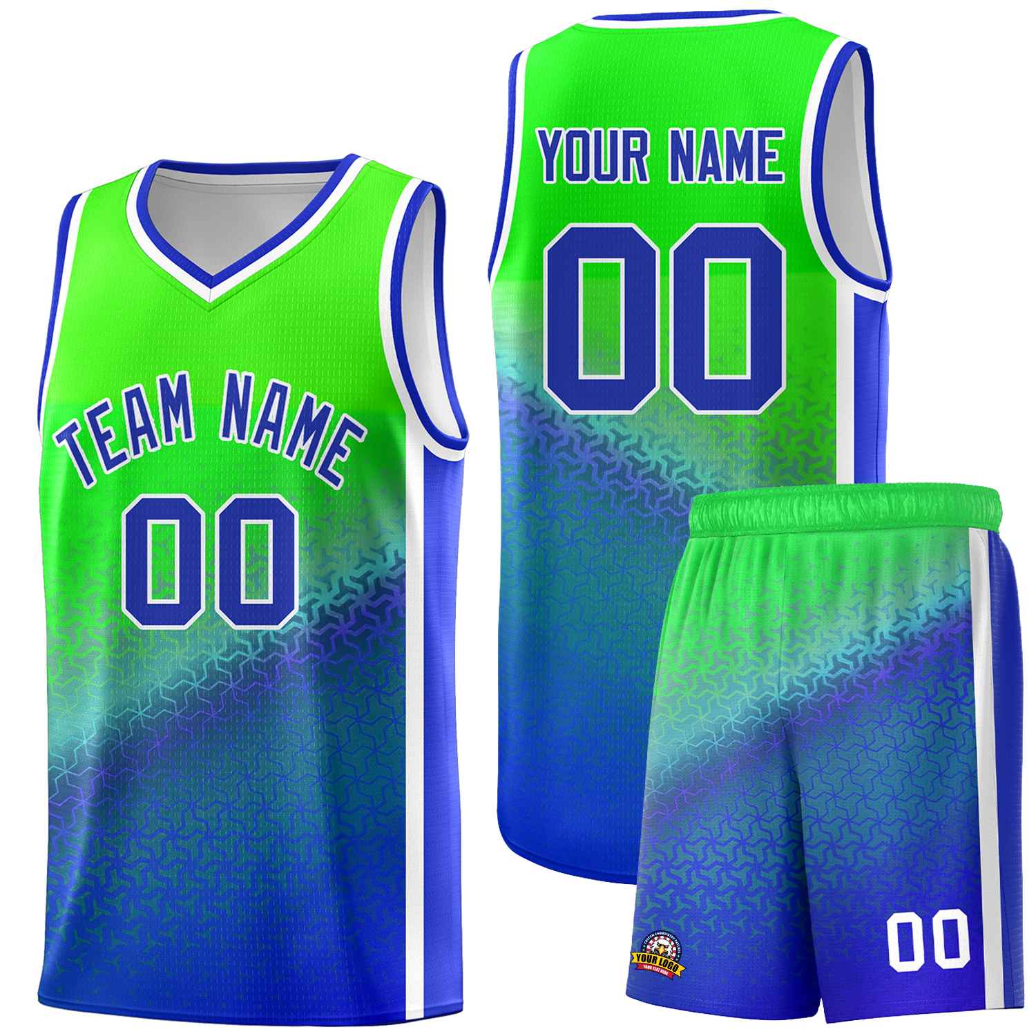 Custom Fluorescent Green Royal Gradient Design Irregular Shapes Pattern Sports Uniform Basketball Jersey