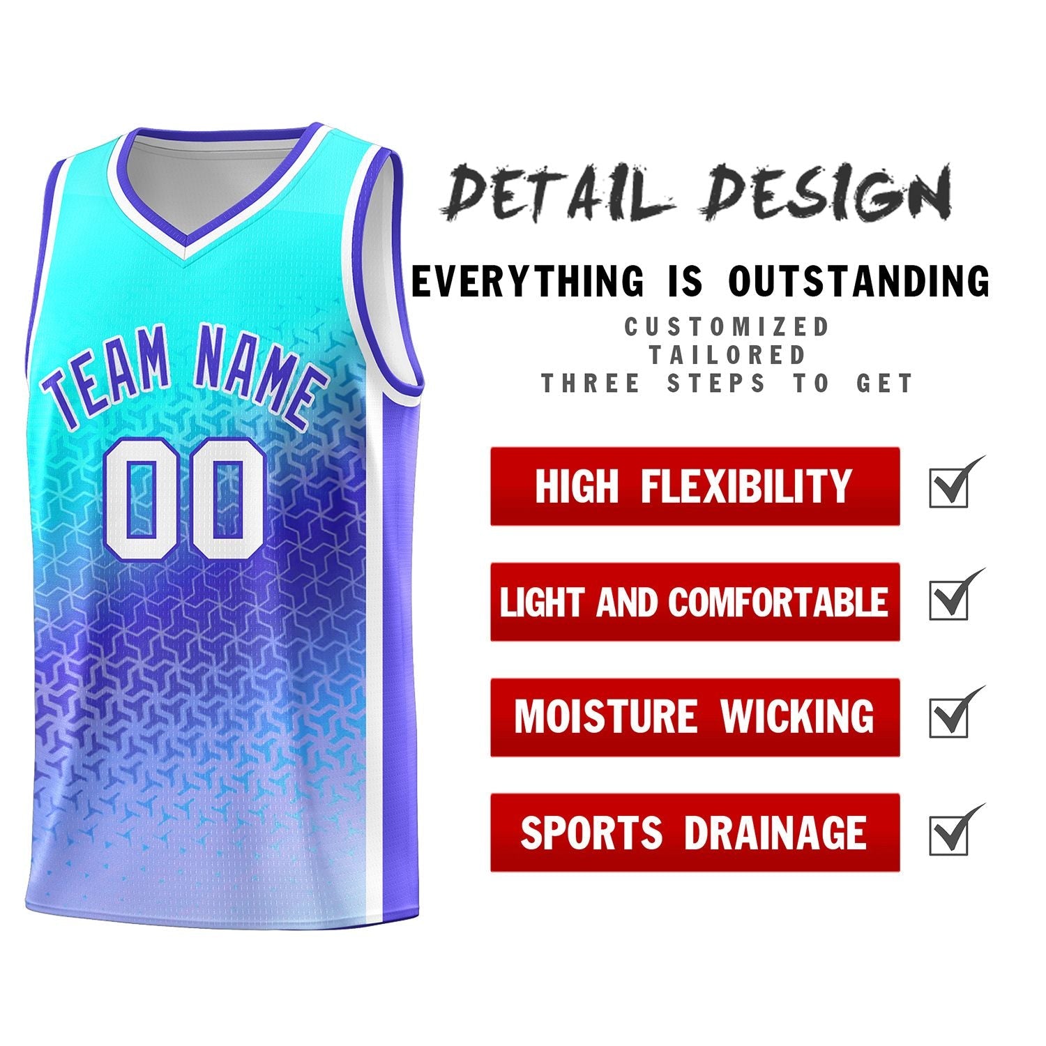 Custom Sky Blue Light Purple Gradient Design Irregular Shapes Pattern Sports Uniform Basketball Jersey