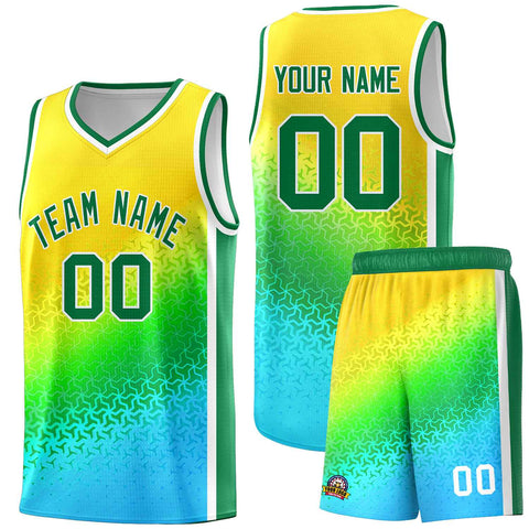Custom Gold Light Green-Sky Blue Gradient Design Irregular Shapes Pattern Sports Uniform Basketball Jersey