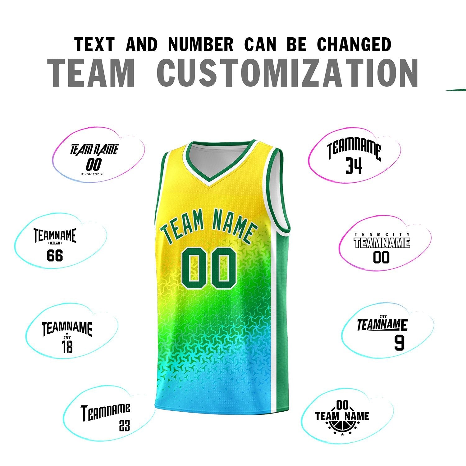 Custom Gold Light Green-Sky Blue Gradient Design Irregular Shapes Pattern Sports Uniform Basketball Jersey