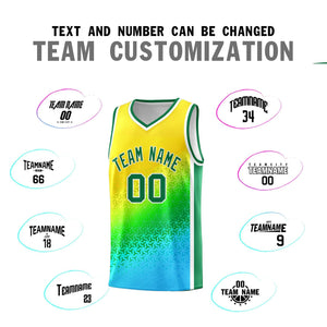 Custom Gold Light Green-Sky Blue Gradient Design Irregular Shapes Pattern Sports Uniform Basketball Jersey