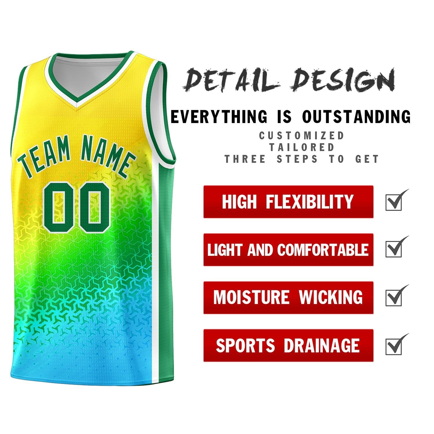 Custom Gold Light Green-Sky Blue Gradient Design Irregular Shapes Pattern Sports Uniform Basketball Jersey