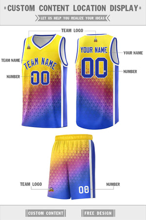 Custom Gold Purple-Royal Gradient Design Irregular Shapes Pattern Sports Uniform Basketball Jersey