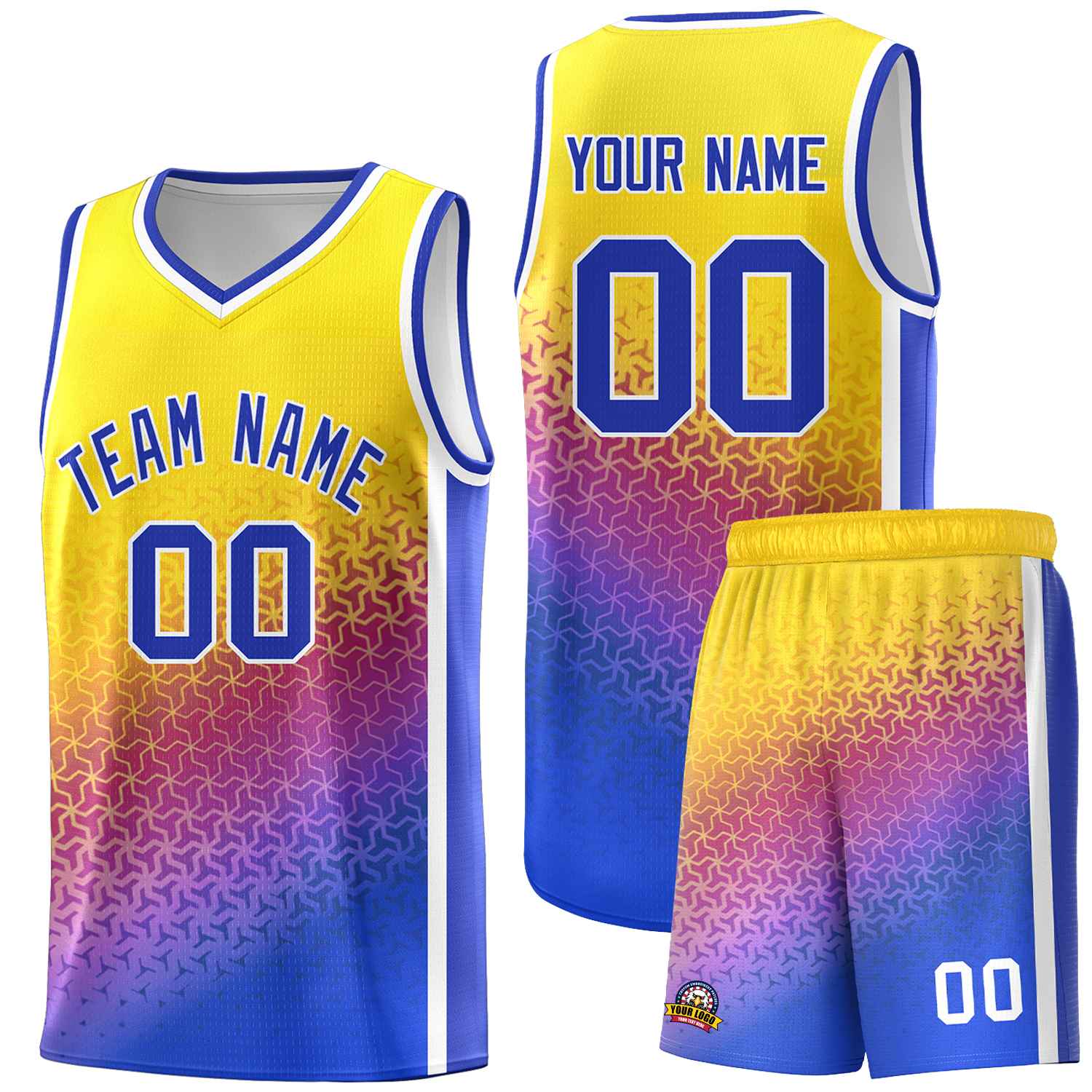 Custom Gold Purple-Royal Gradient Design Irregular Shapes Pattern Sports Uniform Basketball Jersey