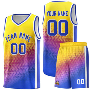 Custom Gold Purple-Royal Gradient Design Irregular Shapes Pattern Sports Uniform Basketball Jersey