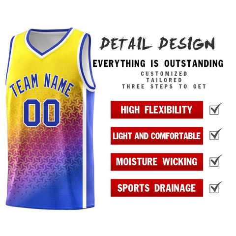 Custom Gold Purple-Royal Gradient Design Irregular Shapes Pattern Sports Uniform Basketball Jersey