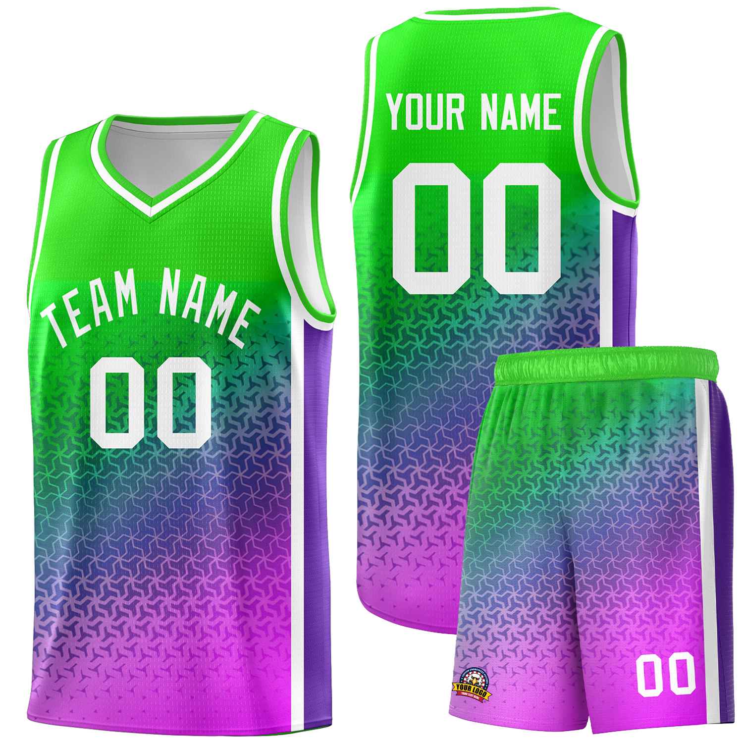 Custom Neon Green Purple-Pink Gradient Design Irregular Shapes Pattern Sports Uniform Basketball Jersey