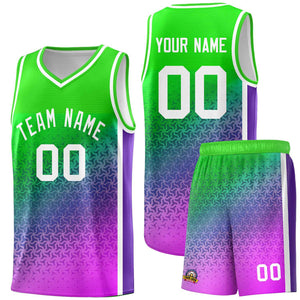 Custom Neon Green Purple-Pink Gradient Design Irregular Shapes Pattern Sports Uniform Basketball Jersey