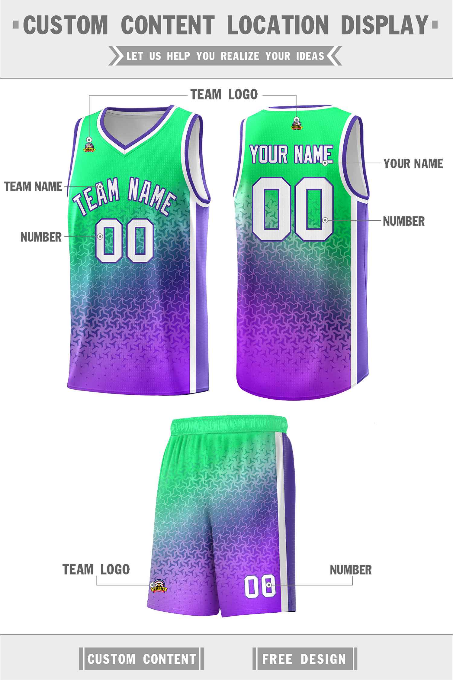 Custom Fluorescent Green Purple Gradient Design Irregular Shapes Pattern Sports Uniform Basketball Jersey