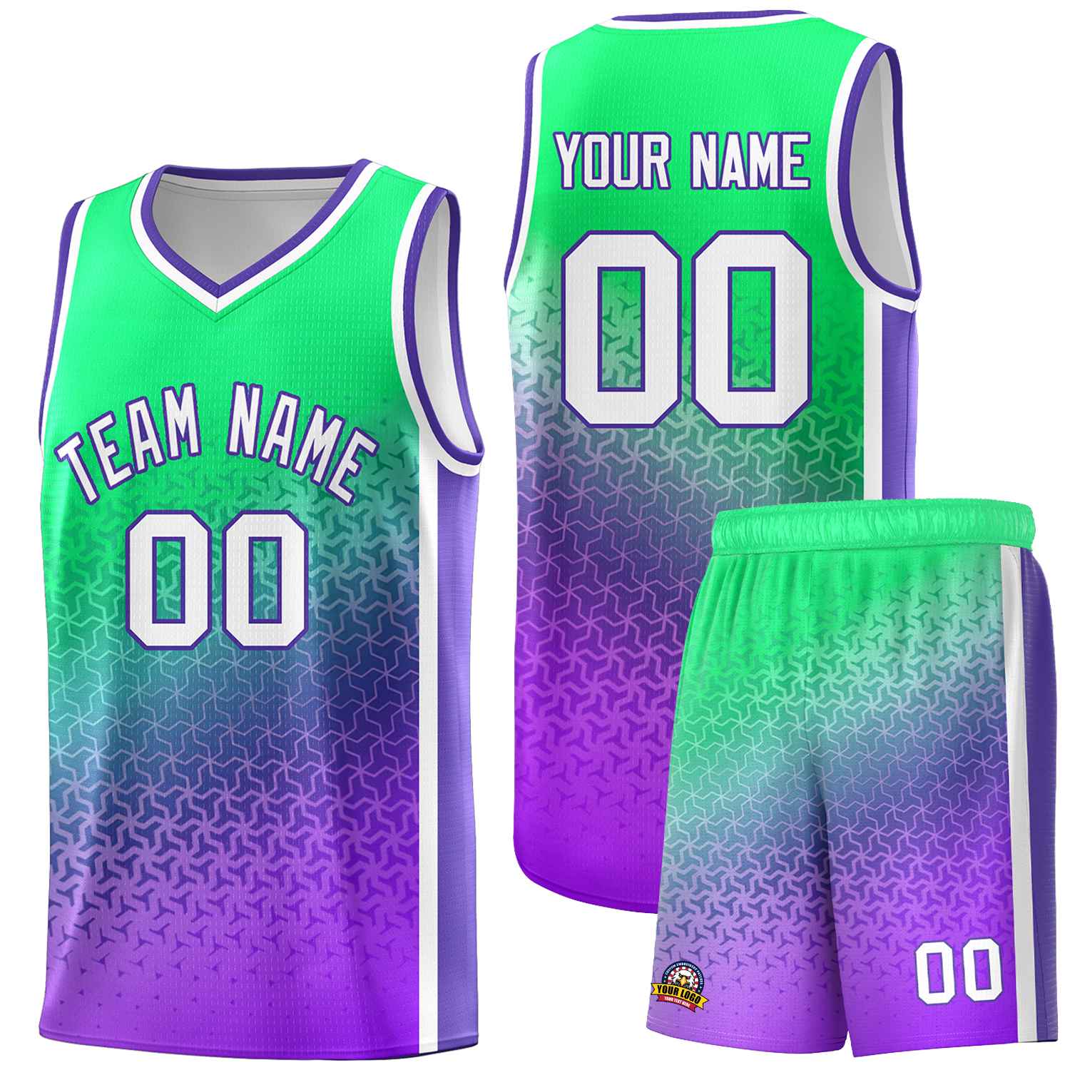 Custom Fluorescent Green Purple Gradient Design Irregular Shapes Pattern Sports Uniform Basketball Jersey