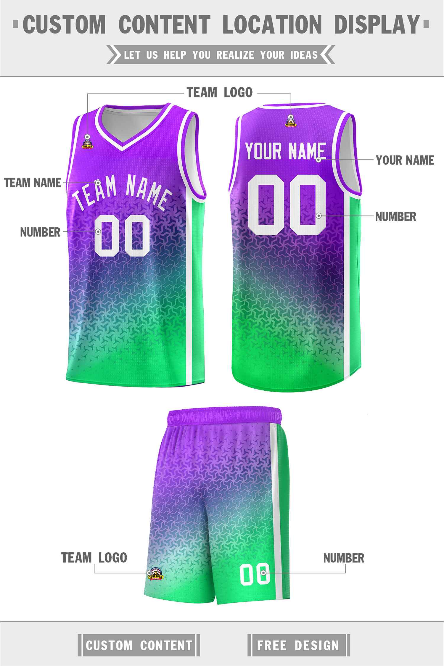 Custom Purple Fluorescent Green Gradient Design Irregular Shapes Pattern Sports Uniform Basketball Jersey