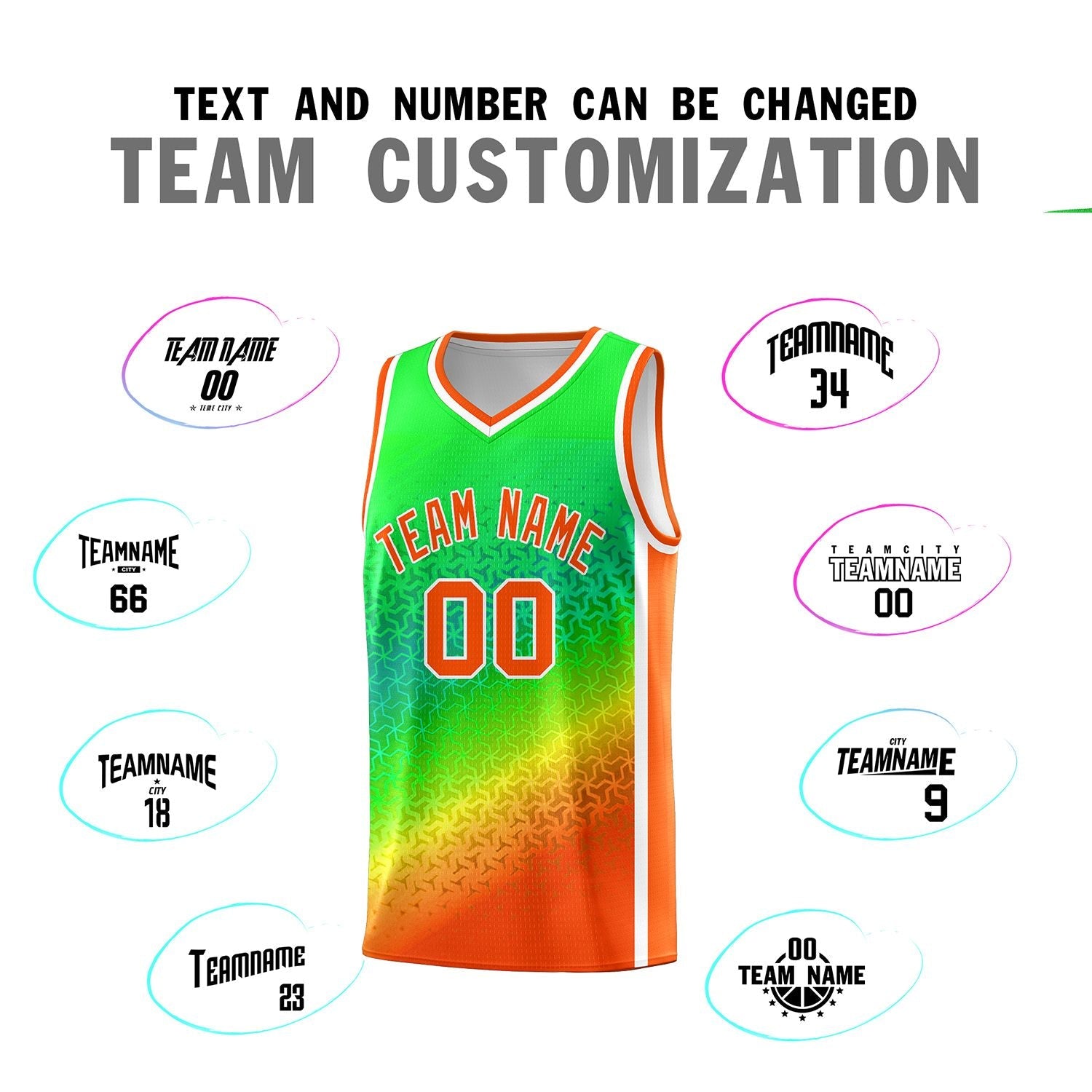 Custom Light Green Orange Gradient Design Irregular Shapes Pattern Sports Uniform Basketball Jersey