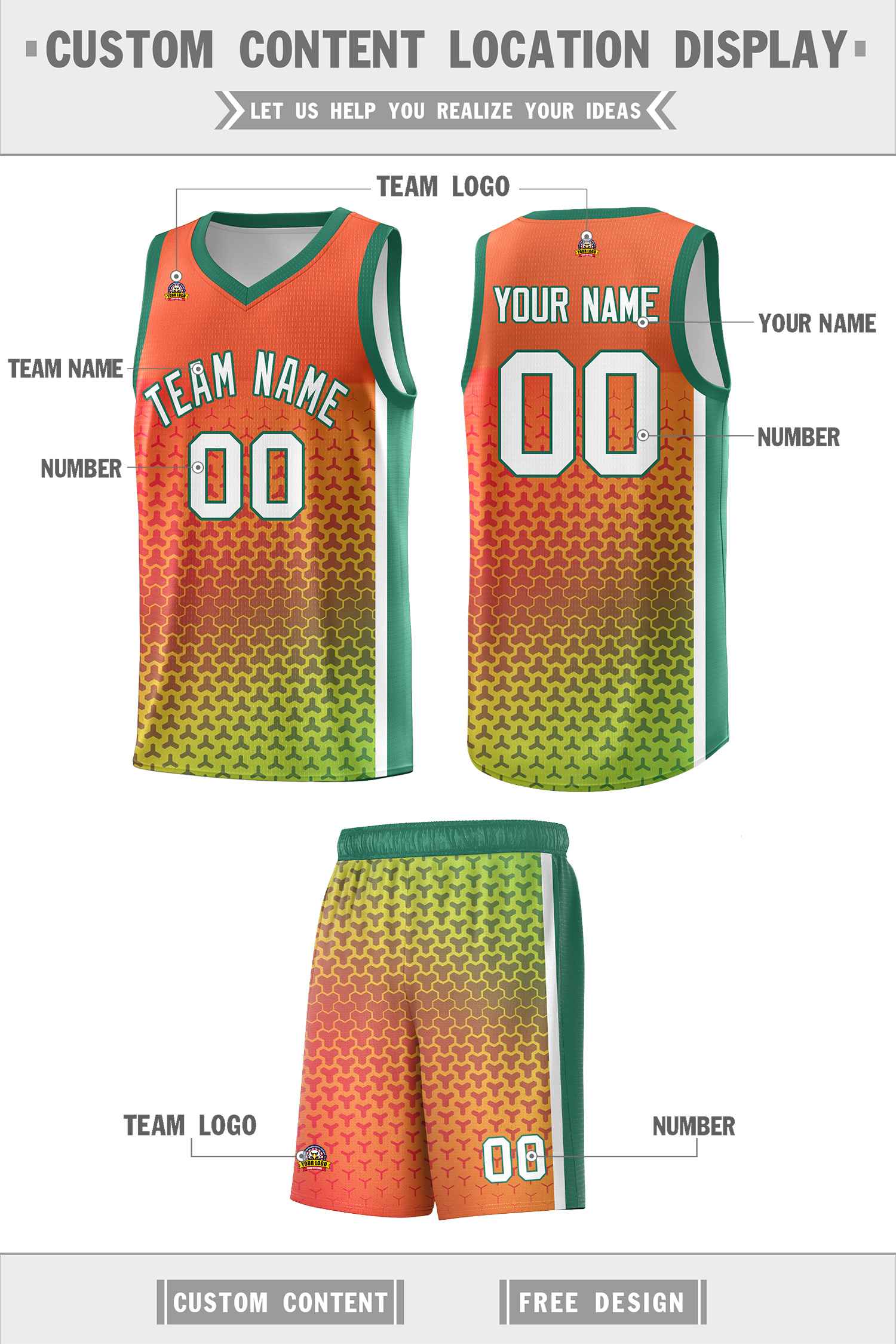 Custom Orange Kelly Green Gradient Design Irregular Shapes Pattern Sports Uniform Basketball Jersey