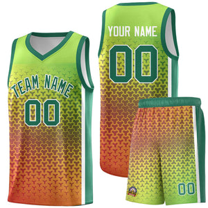 Custom Kelly Green Orange Gradient Design Irregular Shapes Pattern Sports Uniform Basketball Jersey