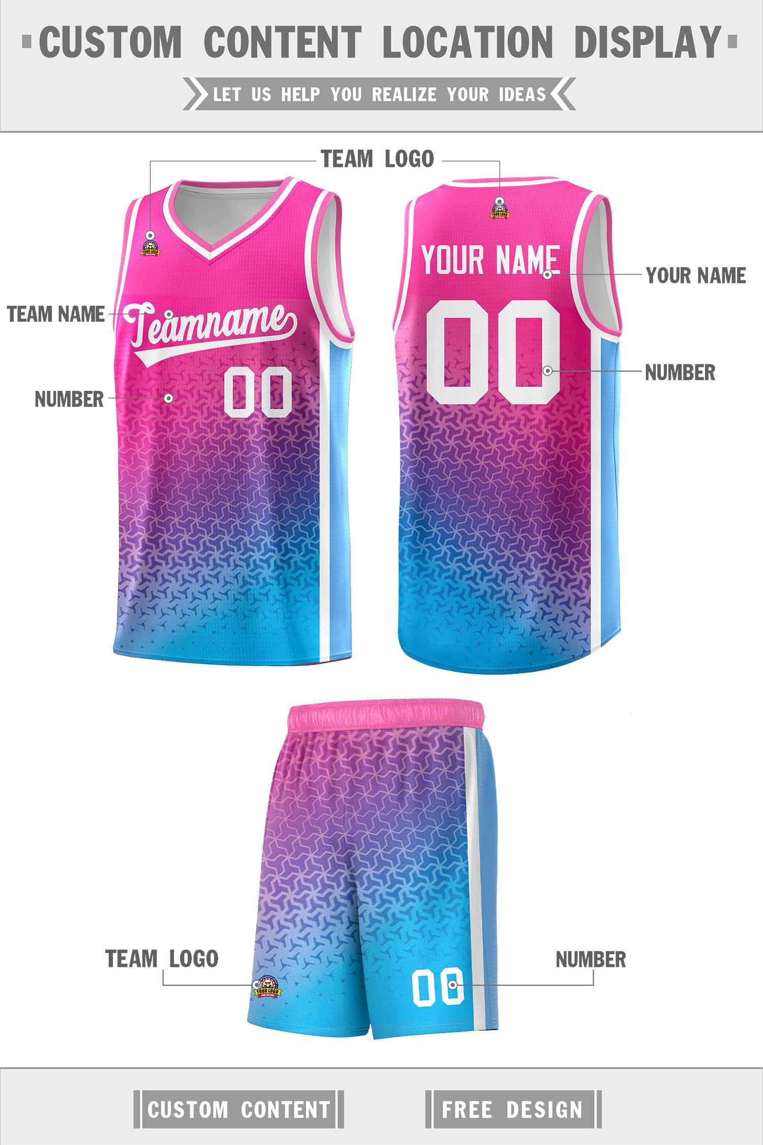 Custom Pink Powder Blue Gradient Design Irregular Shapes Pattern Sports Uniform Basketball Jersey