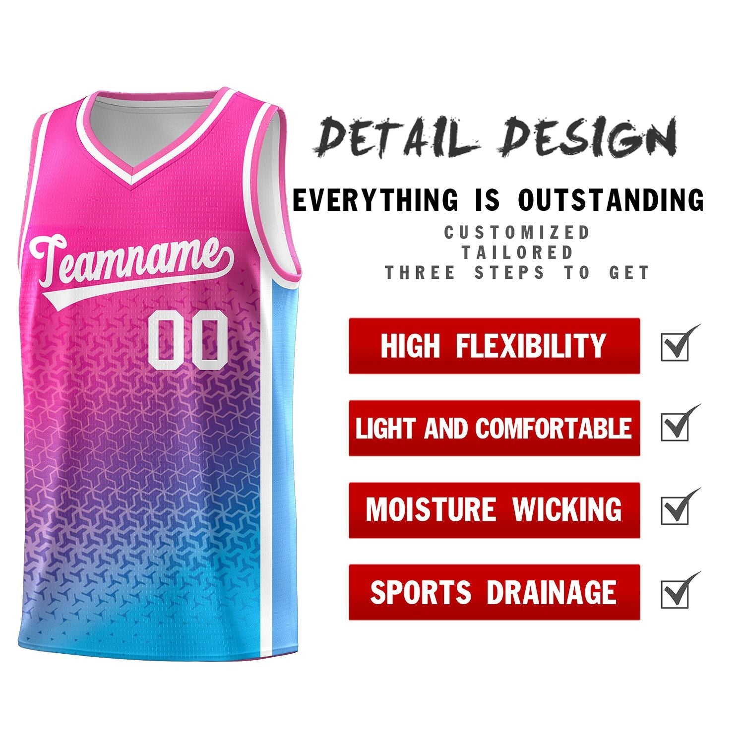 Custom Pink Powder Blue Gradient Design Irregular Shapes Pattern Sports Uniform Basketball Jersey