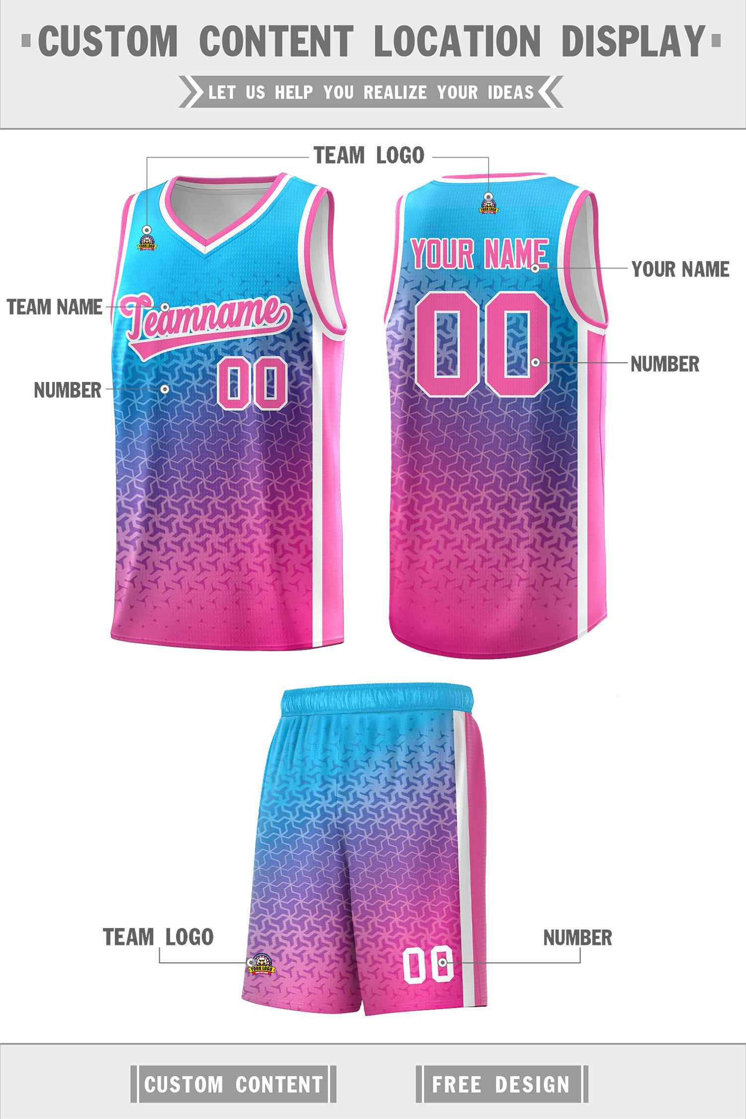 Custom Powder Blue Pink Gradient Design Irregular Shapes Pattern Sports Uniform Basketball Jersey