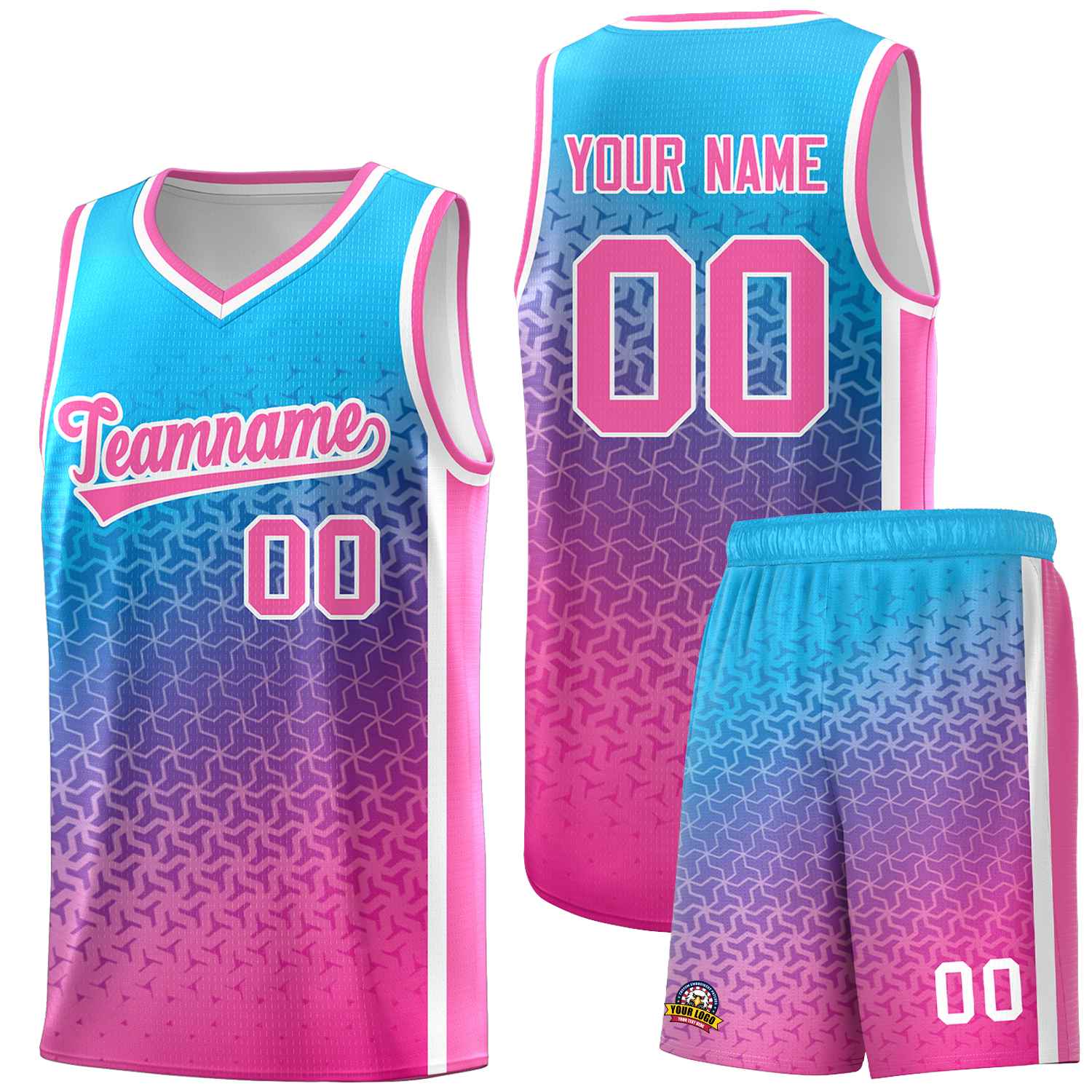 Custom Powder Blue Pink Gradient Design Irregular Shapes Pattern Sports Uniform Basketball Jersey