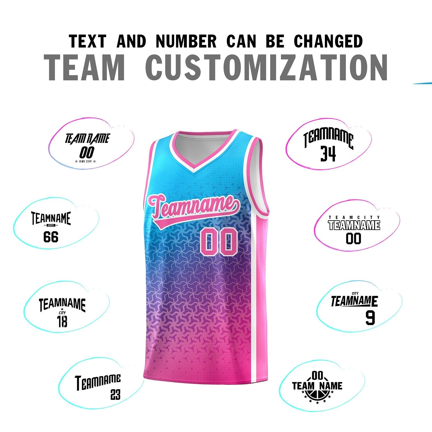 Custom Powder Blue Pink Gradient Design Irregular Shapes Pattern Sports Uniform Basketball Jersey