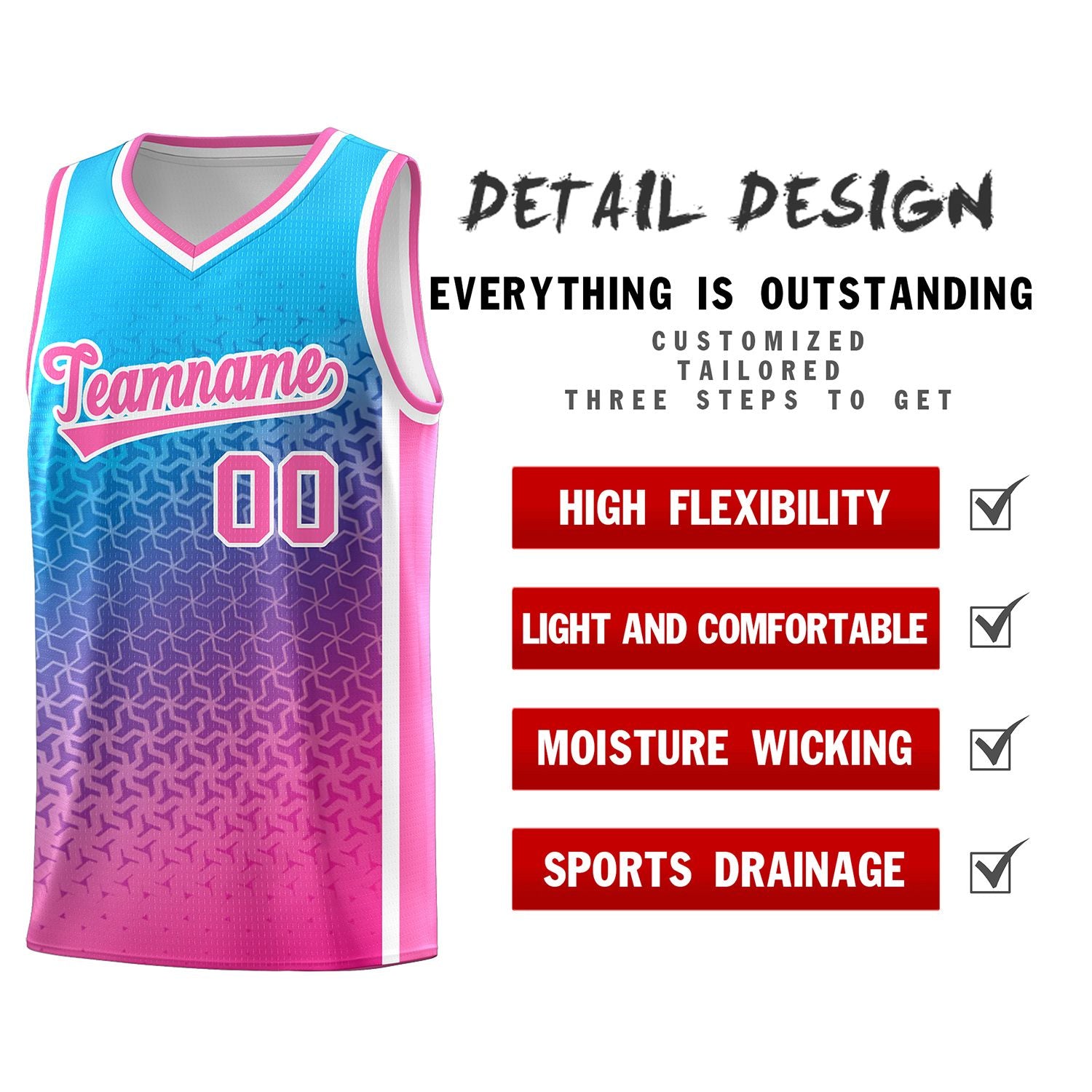 Custom Powder Blue Pink Gradient Design Irregular Shapes Pattern Sports Uniform Basketball Jersey