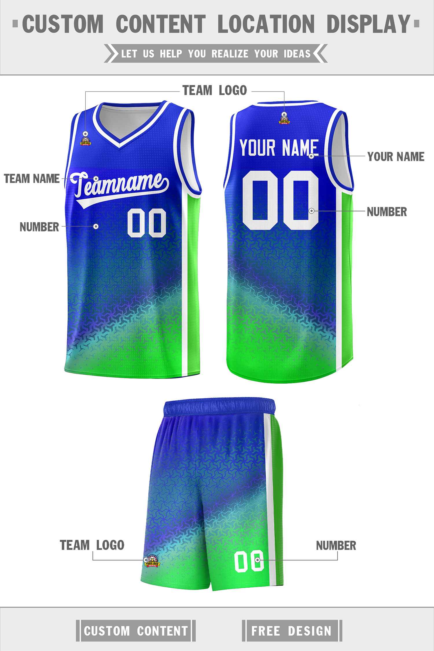 Custom Royal Fluorescent Green Gradient Design Irregular Shapes Pattern Sports Uniform Basketball Jersey