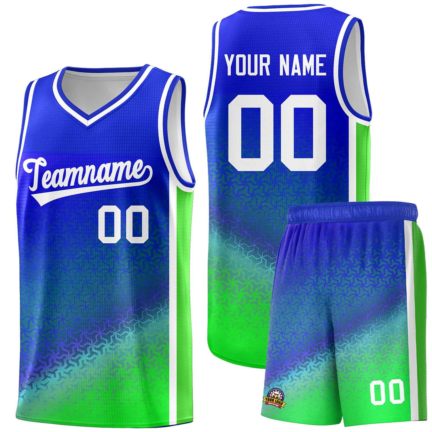 Custom Royal Fluorescent Green Gradient Design Irregular Shapes Pattern Sports Uniform Basketball Jersey