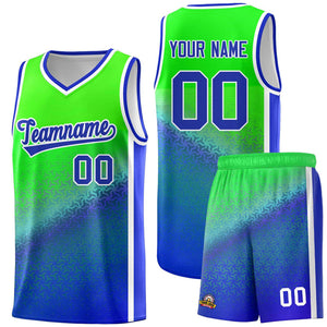 Custom Fluorescent Green Royal Gradient Design Irregular Shapes Pattern Sports Uniform Basketball Jersey