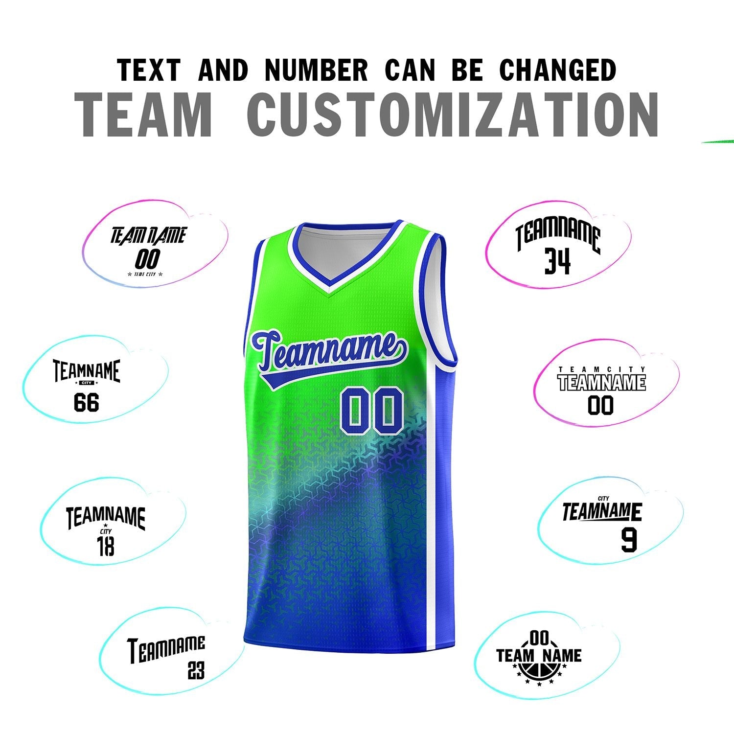 Custom Fluorescent Green Royal Gradient Design Irregular Shapes Pattern Sports Uniform Basketball Jersey